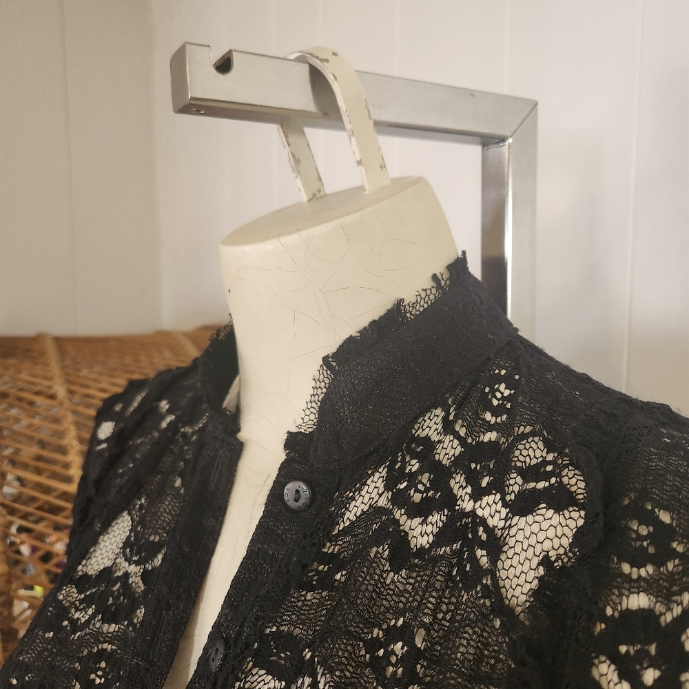 Y2K Whimsigoth Black Sheer Lace Top Blouse Shirt Vintage Size Small Goth Grunge - Picture 6 of 13